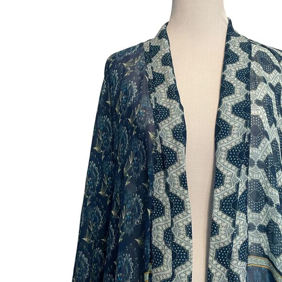 Akemi & Kin Open Kimono Cape Womens One Size Teal Asymmetrical Topper Boho Wrap - Picture 2 of 5